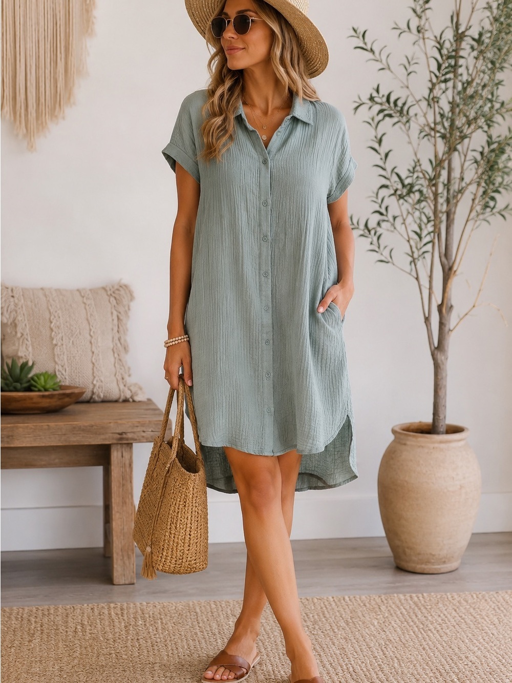 Cloth & Stone Anthropologie XL Sage Green Gauze Shirt Dress Button Largenlook